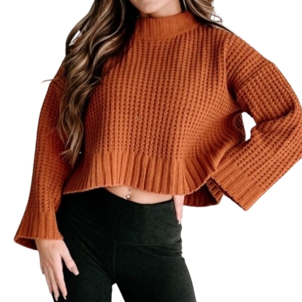 Very J New In Rust Orange Chunky‎ Knit Mock Neck Cropped Sweater Medium 12W2184N